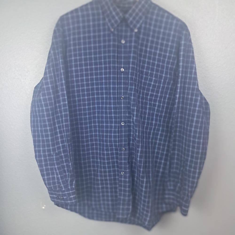 Van Heusen Mens Plaid Shirt Large Blue White Check Button Up Casual Dress Cotton